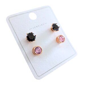 🖤💗 Set of 2 Pairs of Rose Gold Plated Stud Earrings – Black and Pink Crystals